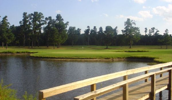 view of golf course green with bridge over pond