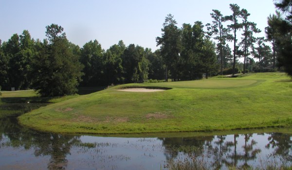 view of golf course pond on green with sand trap