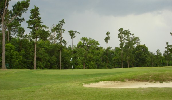 view of golf course green with sand trap