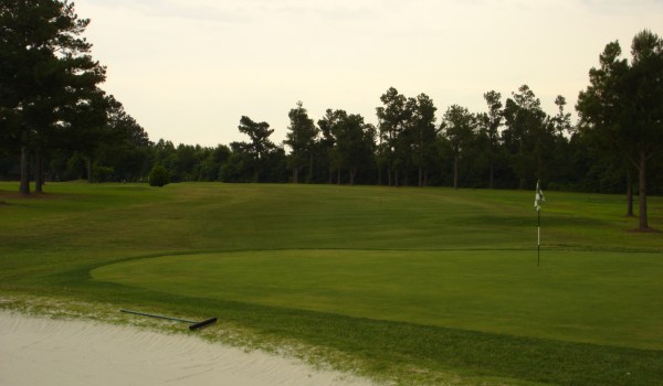 view of golf course green with sand trap